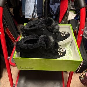 Sam Edelman Black Fur-Trim Sneakers with Jewel Accents